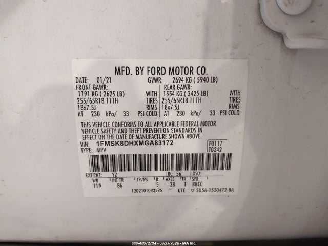 Ford EXPLORER XLT 2021 1FMSK8DHXMGA83172 Image 9