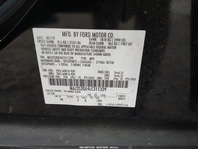 Продаж на аукціоні авто 2020 Ford Ecosport Se, vin: MAJ3S2GE4LC311329, номер лоту: 45972726
