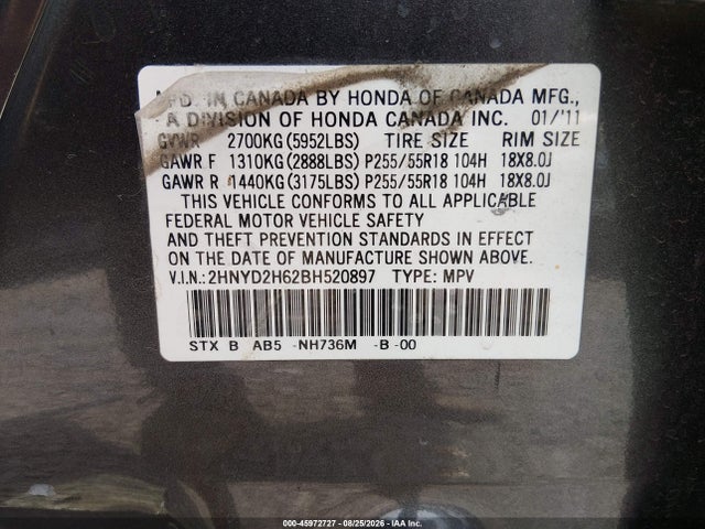 45972727 :رقم المزاد ، 2HNYD2H62BH520897 vin ، 2011 Acura Mdx Technology Package مزاد بيع