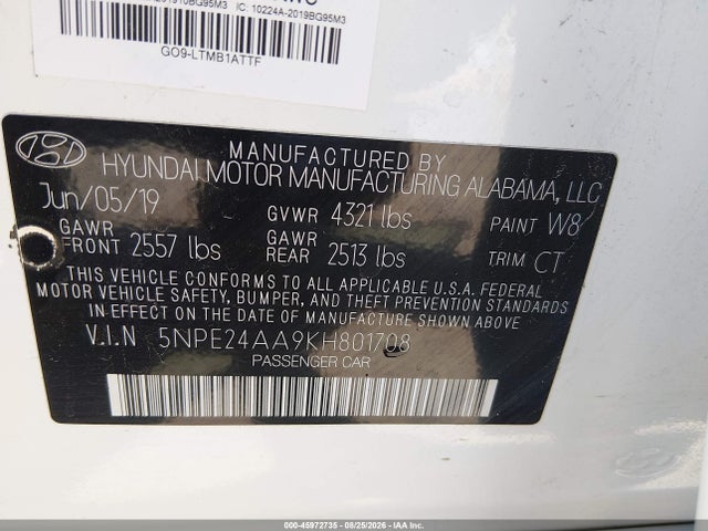 Продаж на аукціоні авто 2019 Hyundai Sonata Eco, vin: 5NPE24AA9KH801708, номер лоту: 45972735
