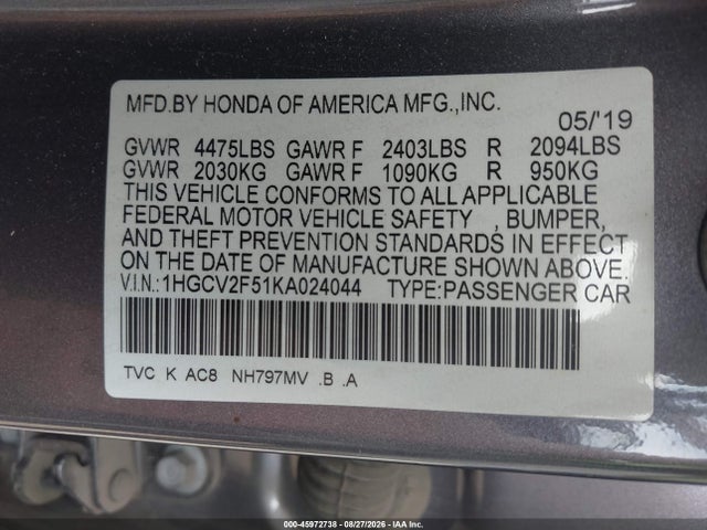 Продажа на аукционе авто 2019 Honda Accord Ex-l 2.0t, vin: 1HGCV2F51KA024044, номер лота: 45972738
