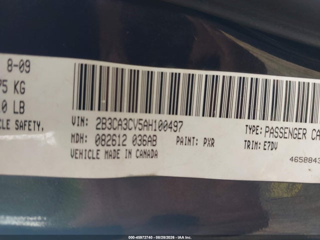 2010 Dodge Charger Sxt მანქანა იყიდება აუქციონზე, vin: 2B3CA3CV5AH100497, აუქციონის ნომერი: 45972740