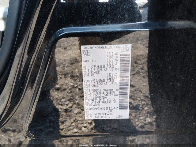Aukcja sprzedaży 2019 Nissan Pathfinder Sv, vin: 5N1DR2MM3KC601142, numer aukcji: 45972741