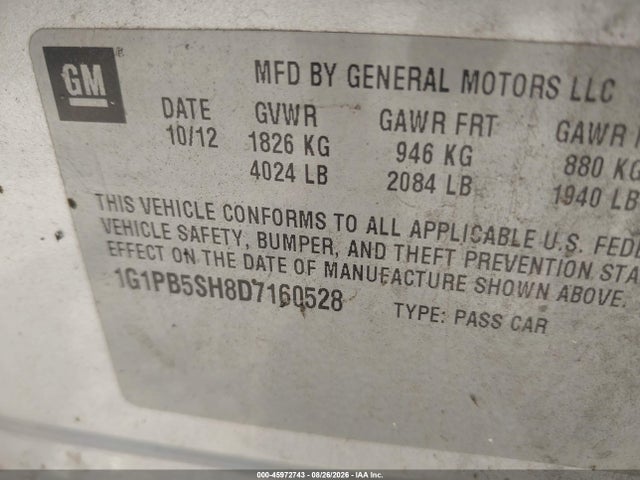 Aukcja sprzedaży 2013 Chevrolet Cruze Ls Manual, vin: 1G1PB5SH8D7160528, numer aukcji: 45972743