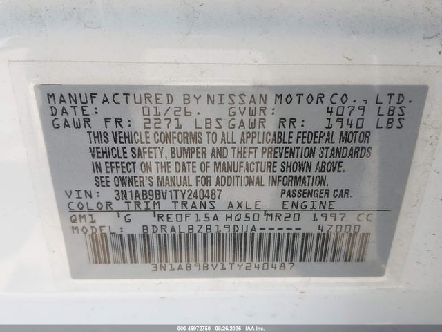 45972750 :رقم المزاد ، 3N1AB9BV1TY240487 vin ، 2026 Nissan Sentra S مزاد بيع