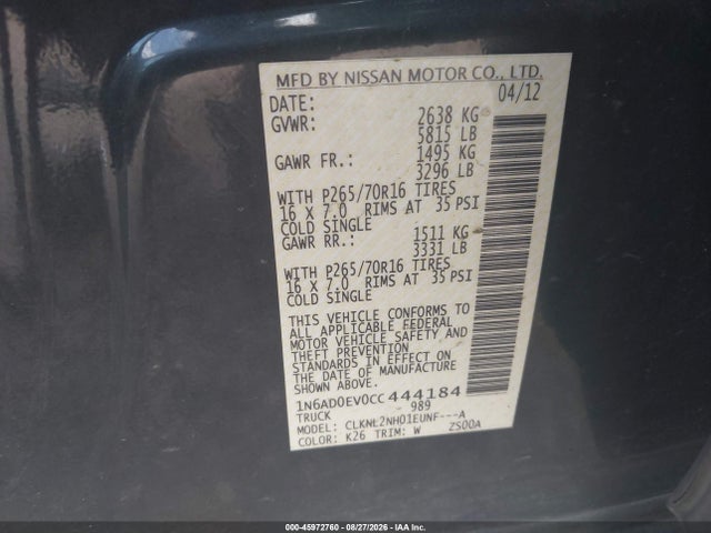 Aukcja sprzedaży 2012 Nissan Frontier Sv, vin: 1N6AD0EV0CC444184, numer aukcji: 45972760