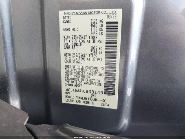 45972762 :رقم المزاد ، 5N1BT3AB7PC803149 vin ، 2023 Nissan Rogue S Intelligent Awd مزاد بيع
