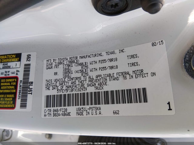 2015 Toyota Tundra Sr5 5.7l V8 მანქანა იყიდება აუქციონზე, vin: 5TFEY5F10FX182939, აუქციონის ნომერი: 45972775