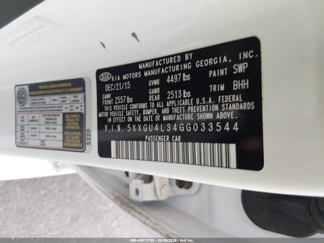 45972788 :رقم المزاد ، 5XXGU4L34GG033544 vin ، 2016 Kia Optima Ex مزاد بيع