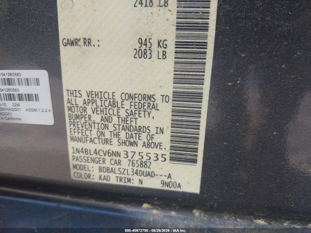 Продажа на аукционе авто 2022 Nissan Altima Sr Fwd, vin: 1N4BL4CV6NN375535, номер лота: 45972790