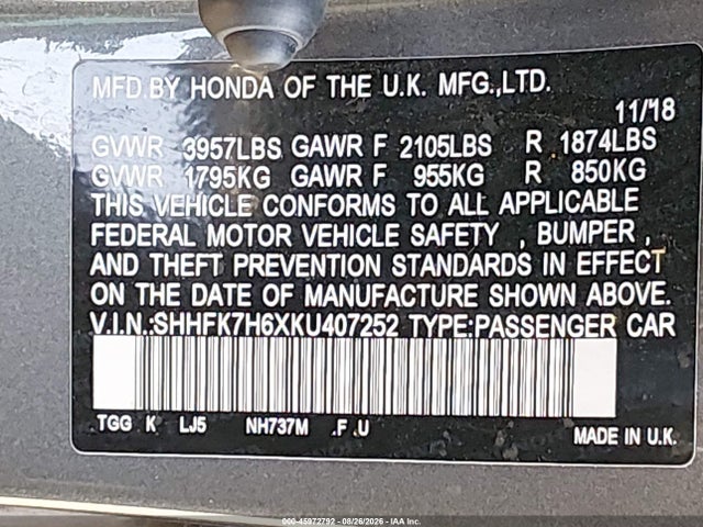Продажа на аукционе авто 2019 Honda Civic Ex, vin: SHHFK7H6XKU407252, номер лота: 45972792