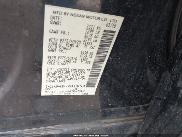 Продаж на аукціоні авто 2010 Nissan Armada Platinum, vin: 5N1BA0NE9AN610859, номер лоту: 45972798
