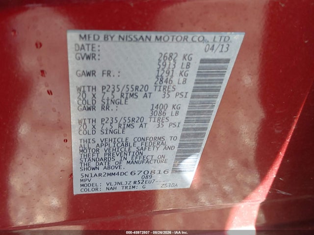 2013 Nissan Pathfinder Platinum მანქანა იყიდება აუქციონზე, vin: 5N1AR2MM4DC670816, აუქციონის ნომერი: 45972807