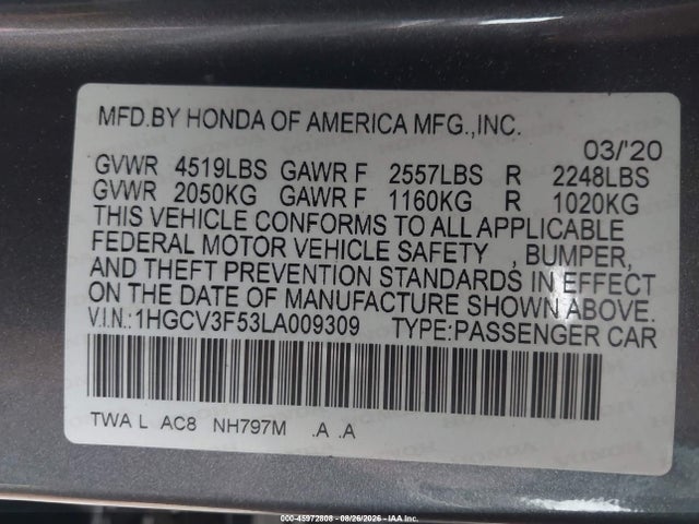 Продаж на аукціоні авто 2020 Honda Accord Hybrid Ex-l, vin: 1HGCV3F53LA009309, номер лоту: 45972808