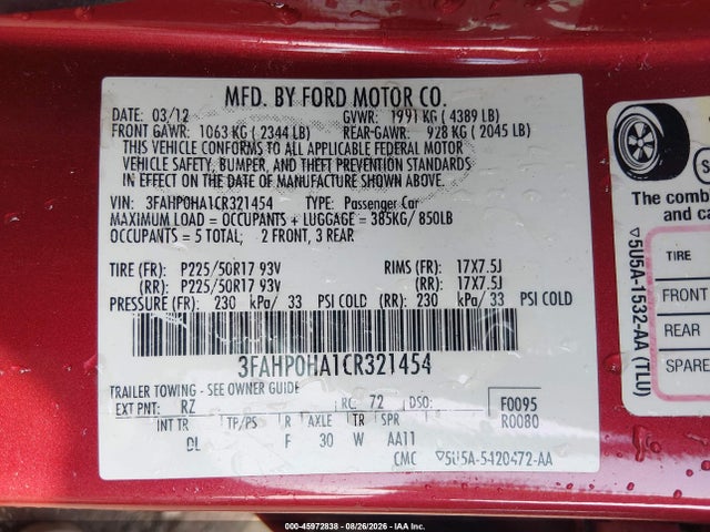 2012 Ford Fusion Se მანქანა იყიდება აუქციონზე, vin: 3FAHP0HA1CR321454, აუქციონის ნომერი: 45972838