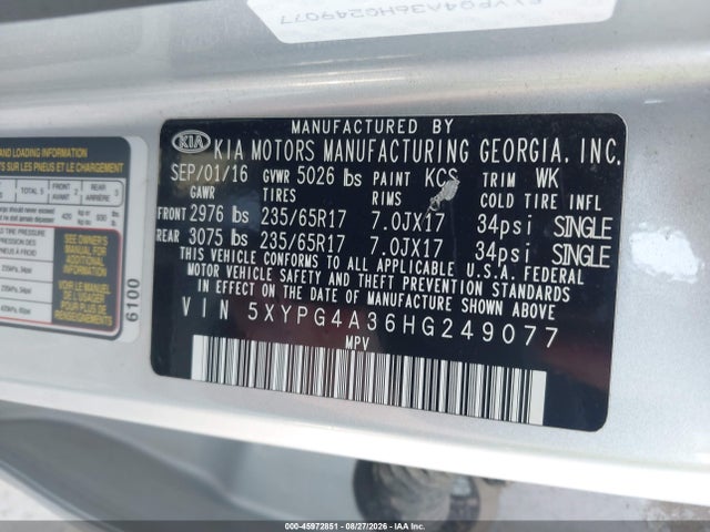 45972851 :رقم المزاد ، 5XYPG4A36HG249077 vin ، 2017 Kia Sorento 2.4l Lx مزاد بيع