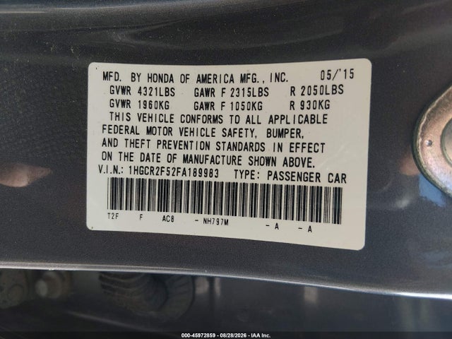 45972859 :رقم المزاد ، 1HGCR2F52FA189983 vin ، 2015 Honda Accord Sport مزاد بيع