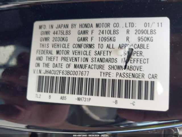 45972860 :رقم المزاد ، JH4CU2F63BC007677 vin ، 2011 Acura Tsx 2.4 مزاد بيع