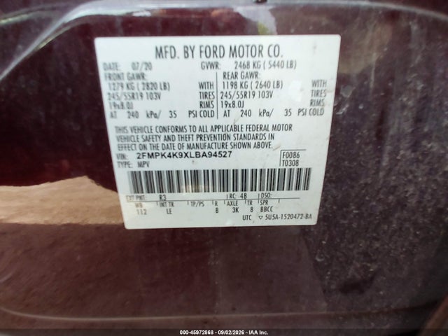 Aukcja sprzedaży 2020 Ford Edge Titanium, vin: 2FMPK4K9XLBA94527, numer aukcji: 45972868