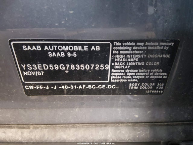 45972872 :رقم المزاد ، YS3ED59G783507259 vin ، 2008 Saab 9-5 2.3t مزاد بيع
