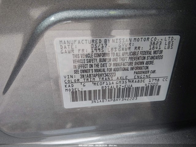 45972884 :رقم المزاد ، 3N1AB7AP8HY342223 vin ، 2017 Nissan Sentra S مزاد بيع