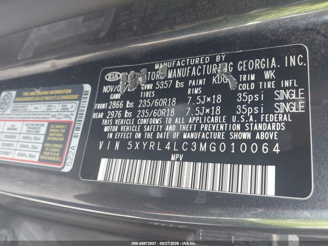 45972887 :رقم المزاد ، 5XYRL4LC3MG010064 vin ، 2021 Kia Sorento S مزاد بيع