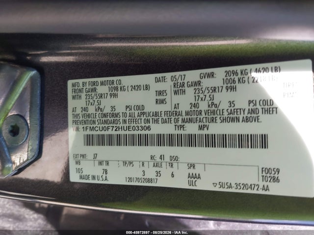Aukcja sprzedaży 2017 Ford Escape S, vin: 1FMCU0F72HUE03306, numer aukcji: 45972897