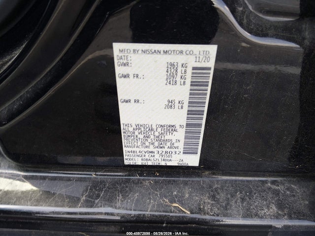 Aukcja sprzedaży 2021 Nissan Altima Sr Fwd, vin: 1N4BL4CV0MN328032, numer aukcji: 45972898