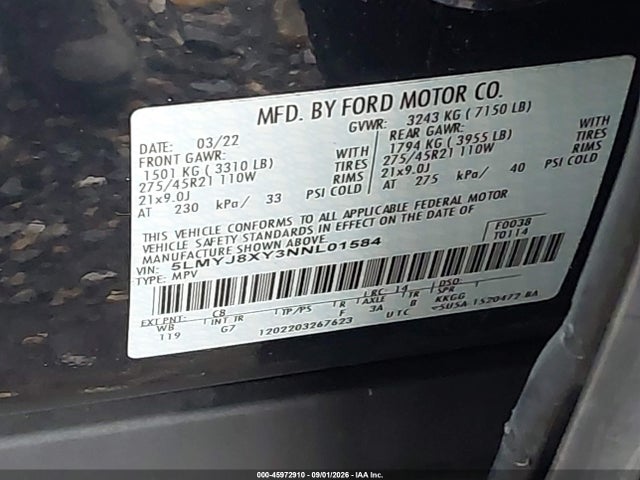 Aukcja sprzedaży 2022 Lincoln Aviator Grand Touring, vin: 5LMYJ8XY3NNL01584, numer aukcji: 45972910