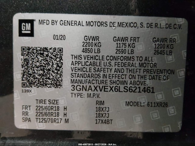 45972913 :رقم المزاد ، 3GNAXVEX6LS621461 vin ، 2020 Chevrolet Equinox Awd Lt 2.0l Turbo مزاد بيع