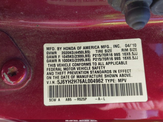 Aukcja sprzedaży 2010 Honda Element Ex, vin: 5J6YH2H76AL004962, numer aukcji: 45972920