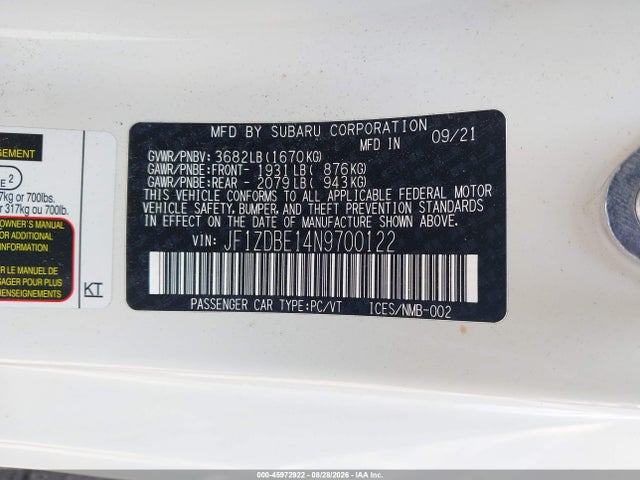 Продаж на аукціоні авто 2022 Subaru Brz Limited, vin: JF1ZDBE14N9700122, номер лоту: 45972922