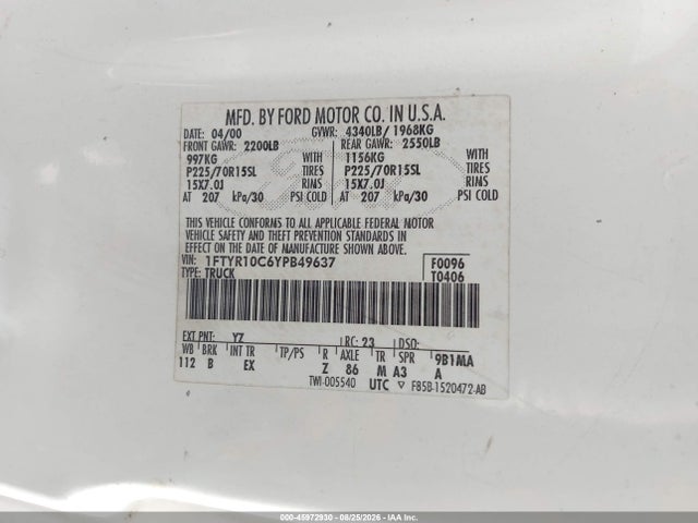 Aukcja sprzedaży 2000 Ford Ranger Xl/xlt, vin: 1FTYR10C6YPB49637, numer aukcji: 45972930