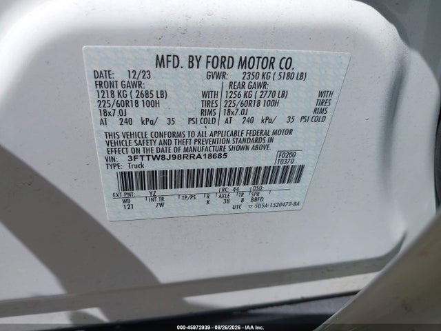 Продажа на аукционе авто 2024 Ford Maverick Xlt, vin: 3FTTW8J98RRA18685, номер лота: 45972939