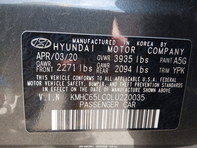 45972951 :رقم المزاد ، KMHC65LC0LU220035 vin ، 2020 Hyundai Ioniq Hybrid Blue مزاد بيع