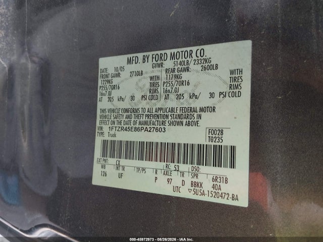 45972973 :رقم المزاد ، 1FTZR45E86PA27603 vin ، 2006 Ford Ranger مزاد بيع