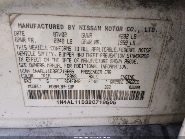 Aukcja sprzedaży 2002 Nissan Altima 2.5 S, vin: 1N4AL11D32C718605, numer aukcji: 45972988