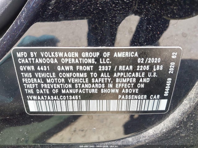 Aukcja sprzedaży 2020 Volkswagen Passat 2.0t S, vin: 1VWAA7A34LC013451, numer aukcji: 45972993