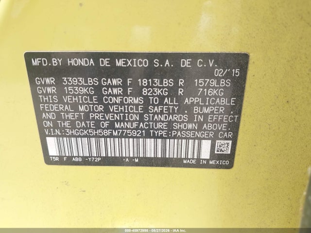 Aukcja sprzedaży 2015 Honda Fit Lx, vin: 3HGGK5H58FM775921, numer aukcji: 45972998