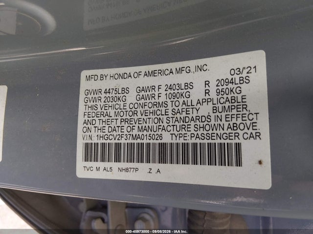 45973000 :رقم المزاد ، 1HGCV2F37MA015026 vin ، 2021 Honda Accord Sport 2.0t مزاد بيع