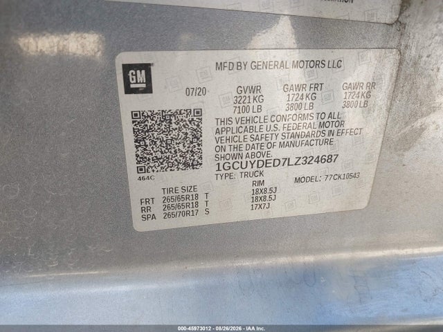 Продаж на аукціоні авто 2020 Chevrolet Silverado 1500 4wd  Short Bed Lt, vin: 1GCUYDED7LZ324687, номер лоту: 45973012