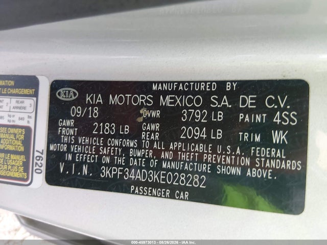 2019 Kia Forte S მანქანა იყიდება აუქციონზე, vin: 3KPF34AD3KE028282, აუქციონის ნომერი: 45973013