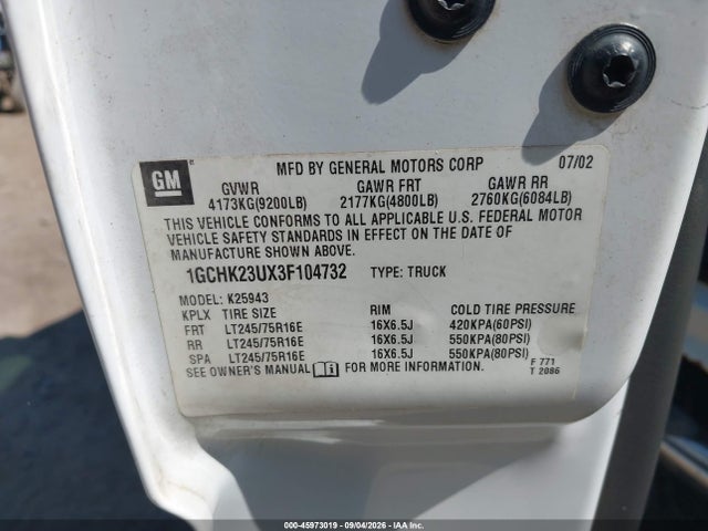 Auction sale of the 2003 Chevrolet Silverado 2500hd, vin: 1GCHK23UX3F104732, lot number: 45973019