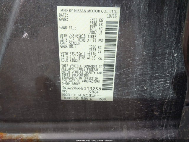 45973020 :رقم المزاد ، 5N1AZ2MHXHN113258 vin ، 2017 Nissan Murano Sv مزاد بيع
