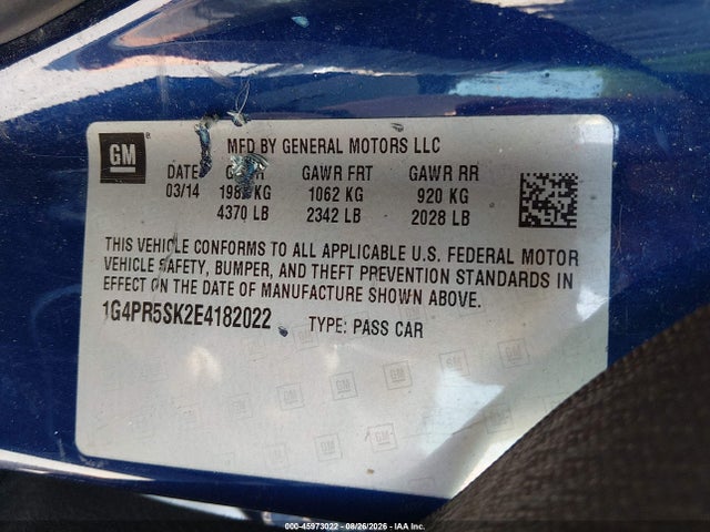 2014 Buick Verano Convenience Group მანქანა იყიდება აუქციონზე, vin: 1G4PR5SK2E4182022, აუქციონის ნომერი: 45973022