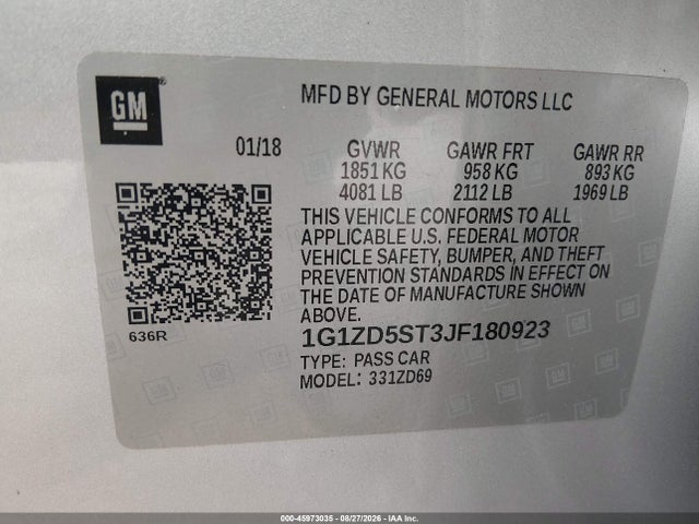 Продаж на аукціоні авто 2018 Chevrolet Malibu Lt, vin: 1G1ZD5ST3JF180923, номер лоту: 45973035