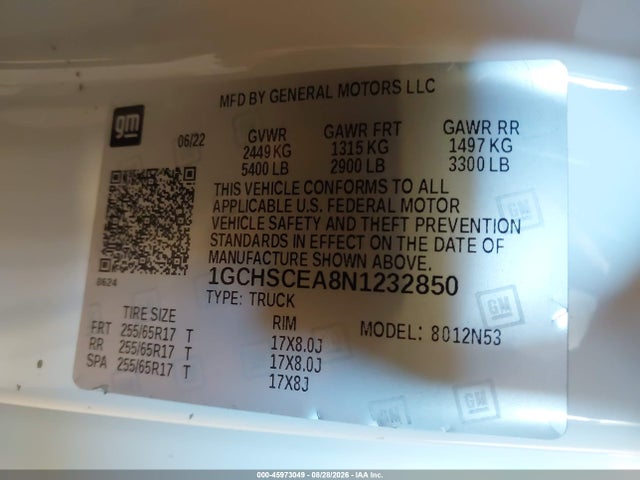 45973049 :رقم المزاد ، 1GCHSCEA8N1232850 vin ، 2022 Chevrolet Colorado 2wd  Long Box Lt مزاد بيع