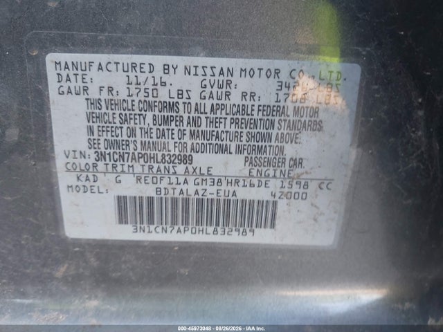 Aukcja sprzedaży 2017 Nissan Versa 1.6 S+, vin: 3N1CN7AP0HL832989, numer aukcji: 45973048