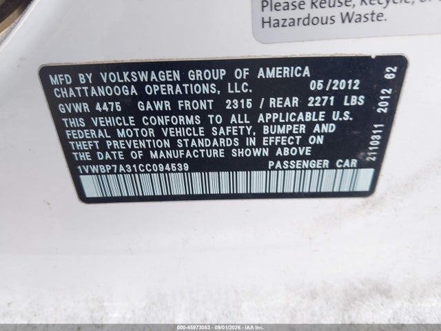 2012 Volkswagen Passat 2.5l Se მანქანა იყიდება აუქციონზე, vin: 1VWBP7A31CC094539, აუქციონის ნომერი: 45973053