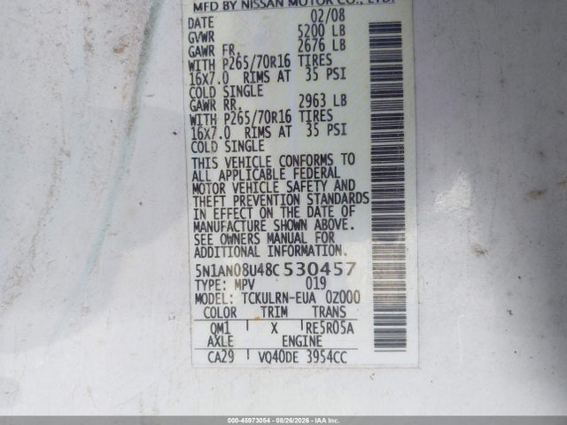 Aukcja sprzedaży 2008 Nissan Xterra S, vin: 5N1AN08U48C530457, numer aukcji: 45973054